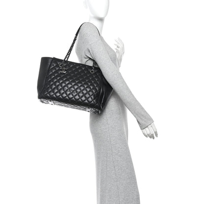 Lambskin Quilted Shopping Tote Black
