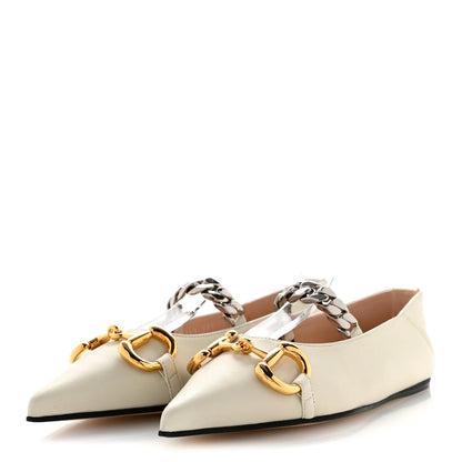 Gucci Nappa Lumiere Deva Horsebit Chain Embellished Flats 35.5 Dusty White