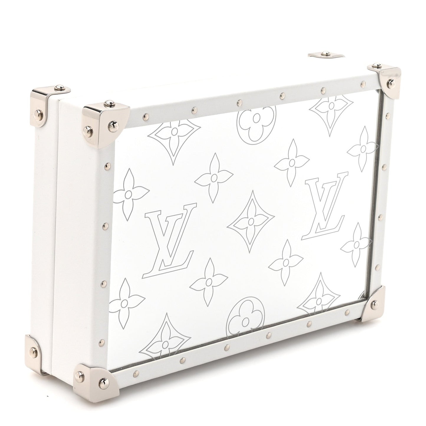Calfskin Mirror Monogram Etched Jewelry Box Trunksu White