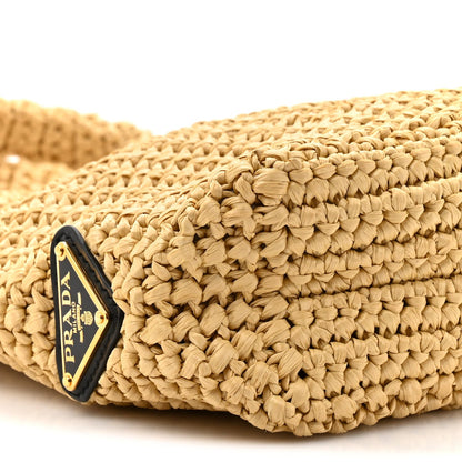 Yarn Raffia Effect Crochet Embroidered Small Logo Tote Naturale