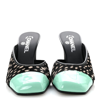 Pony Hair Lambskin Patent Calfskin Cap Toe Mules 39 Black White Green